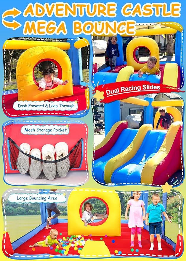 Whubefy Inflatable Bounce House Elevated Double Racing Slide for Kids 3-6 with Jump-Through Hoop Large Blow Up Bouncy Castle Obstacle Course 12.3x8.7x5.8ft w/370W Blower Indoor Outdoor Fun
