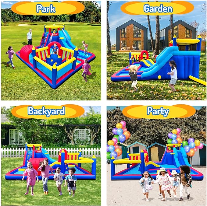 Inflatable Water Slide Park for Party Fun,15x15FT,Big Splash Pool,Long&Short Slides,Fun Crawl Tunnel,Basketball Hoop,GFCI Blower,Bounce Castle for Kids