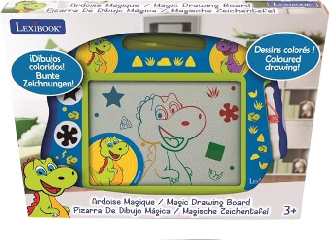 LEXiBOOK, Dinosaur, Multicolor Magic Magnetic Drawing Board, Artistic Creative Toy for Girls and Boys, Stylus Pen and Stamps, Blue, CRDINO550