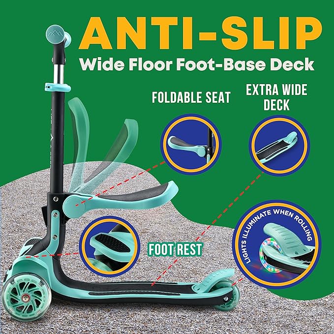 Kids Scooter – Foldable Seat – LED Wheel Lights Illuminate When Rolling – Children and Toddler 3 Wheel Kick Scooter – Adjustable Handlebar – Indoor and Outdoor- by Lifemaster
