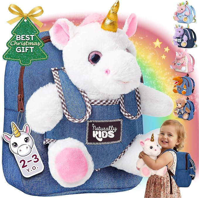 Naturally KIDS Unicorn Toys for Age 3, Birthday Gifts for 2 Year Old Girls, 3 Year Old Girl Gifts, Toddler Unicorn Backpack
