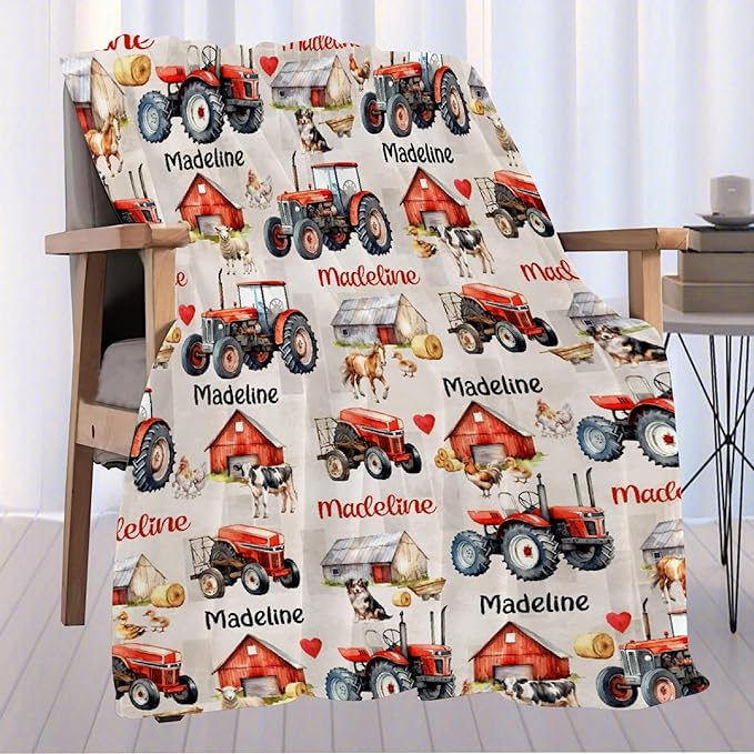 Custom Red Farm Tractor Blanket with Name PersonalizedRed Farm Tractor Blankets for Girls Boys Women Men Customized Blanket Gifts for Birthday 50"x60"for Teens