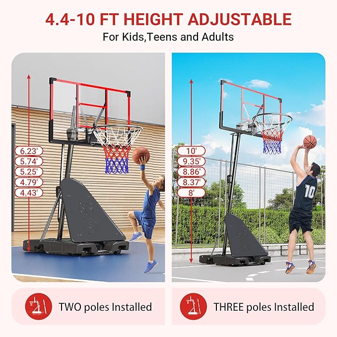 Polar Aurora Basketball Hoop Outdoor, 4.4-10FT Adjustable Kids Basketball Hoops Indoor, Basketball Goal 45’’PC Shatterproof Backboard, Portable Basketballs Hoop for Adult W/Basketballs Accessories Net
