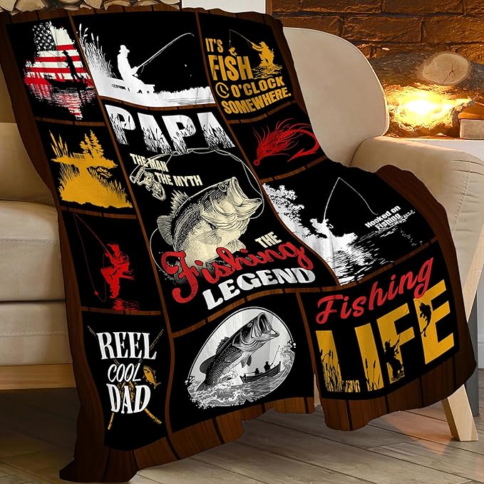 Fish Throw Blanket Fishing Stuff Gifts for Kids Girls Boys Adults Women Men Soft Cozy Warm Plush Fluffy Fuzzy Fleece Blanket Decor 60''X80''