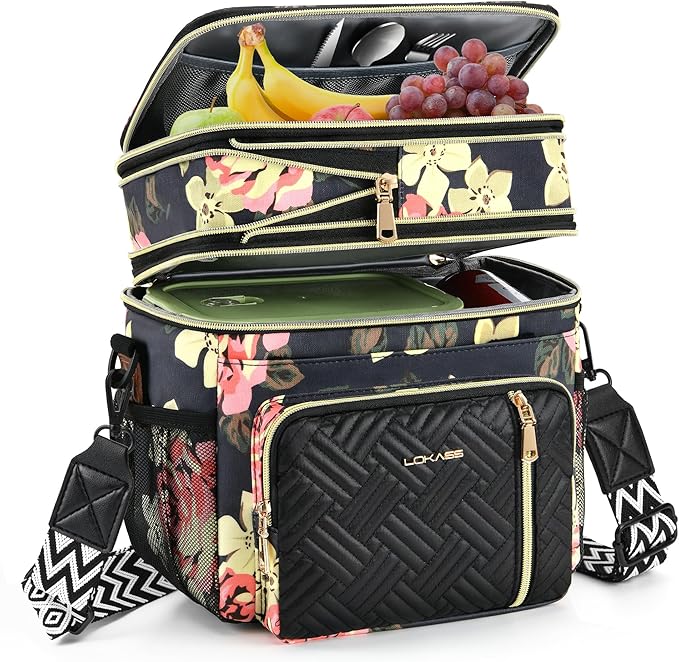 LOKASS Lunch Box & Lunch Bag for Women Men Double Deck, Large Insulated Adult Lunch Box Leakproof Lunchbox Cooler Bag for Work Picnic Beach,（Floral 16L）