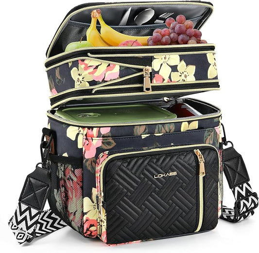 LOKASS Lunch Box & Lunch Bag for Women Men Double Deck, Large Insulated Adult Lunch Box Leakproof Lunchbox Cooler Bag for Work Picnic Beach,（Floral 16L）