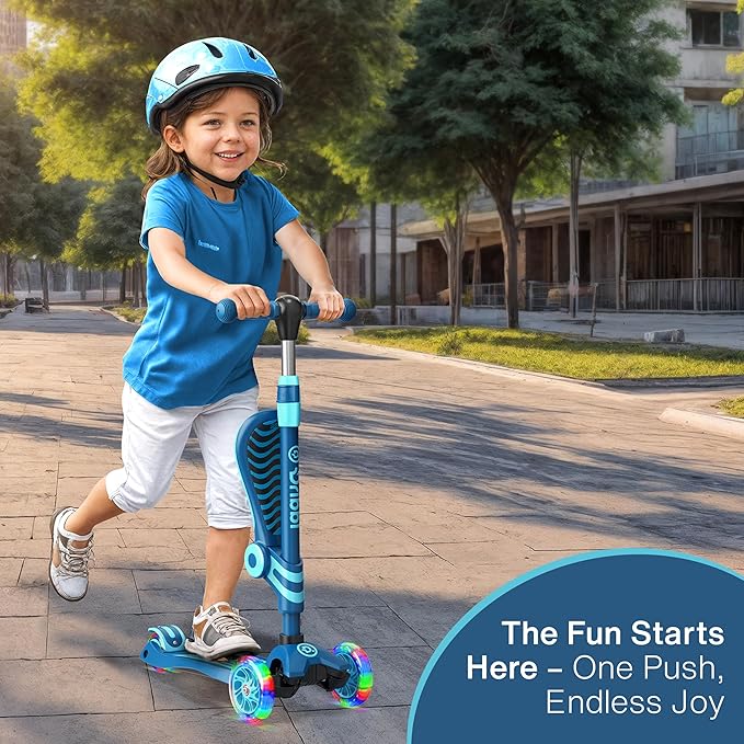 Blue 3 Wheel Scooter with Seat for Kids – Light-Up LED Wheels, Adjustable Handlebar and Seat, Smooth PU Wheels, Wide Anti-Slip Deck, Rear Foot Brake – Toddler Outdoor Toys for Ages 2+