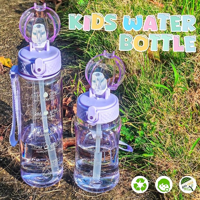 OLDLEY 12oz Kids Water Bottle for School - Motivational With Silicone Straw, Leak-Proof Tritan BPA-Free, Reusable for Girls Boys, Amethyst