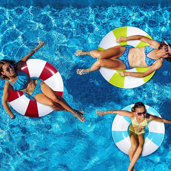 3 Pcs Large Swim Ring with Handles Set 47.24" 39.37" 35.43" Inflatable Pool Inner Tube Classic Striped Pool Ring Floats for Adults Teens Summer Lounger Beach Party Supplies