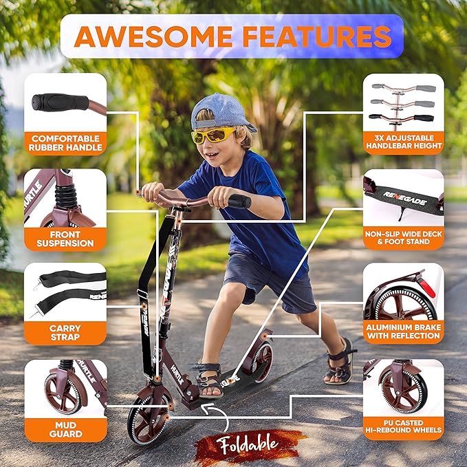 Hurtle Renegade Kick Scooter for Kids, Teenagers & Adults - 2-Wheel Folding Scooter with Adjustable T-Bar Handlebar - Alloy Anti-Slip Deck