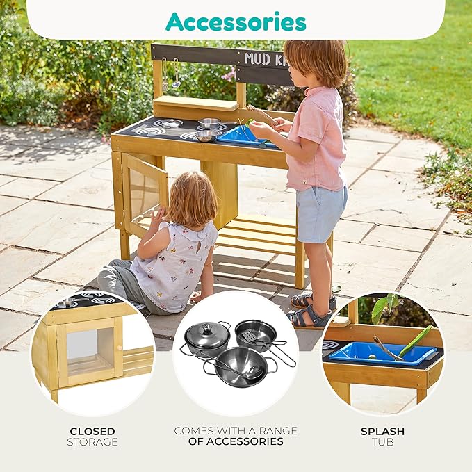 TP Toys, Kids Mud Kitchen | Backyard Kitchen Playset with Pretend Play Kitchen Accessories & Water Pan for Preschool Outdoor Play | for Ages 3-8 | Sustainable Sourcing from FSC Certified Timber.