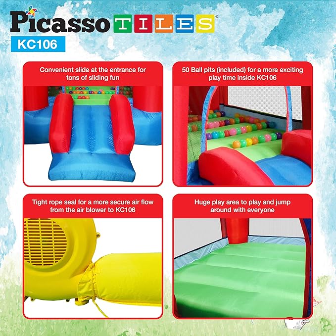 PicassoTiles KC106 8x7 Foot Junior Inflatable Bouncer, Kid Park, Jumping Bouncing House, Jump Slide Playhouse w/ 50 Pit Balls, 3 Sides Mesh Protection, and Heavy-Duty GFCI ETL Certified 385W Blower