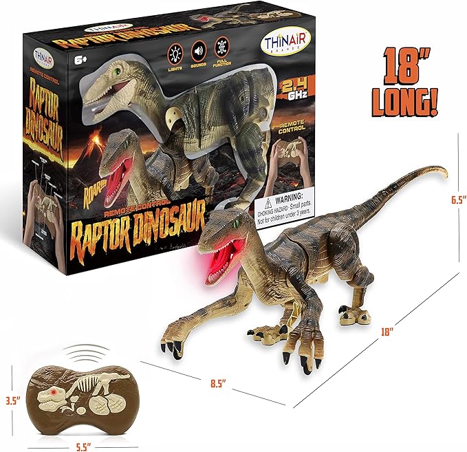 RC Dinosaur Toy: 18-Inch Velociraptor Lights Up, Roars, Walks Forward, Back, Left & Right, Has Built-in Rechargeable Battery for 1 Full Hour of Play, Includes Controller & USB Cable