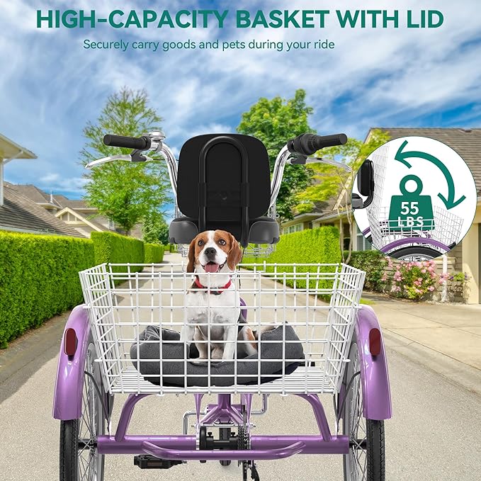 YITAHOME 24 & 26 Inch Adult Tricycle, 1 & 7 Speed 3 Wheel Bikes, Large Seat with Backrest Trike for Adults with Front & Rear Baskets, Cruiser Bike for Seniors Women Men Commute Picnic Outdoor