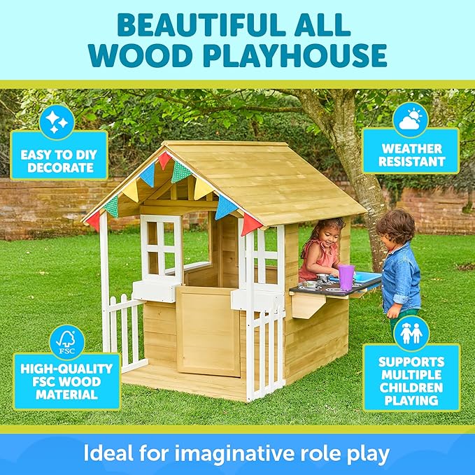 Outdoor Kids Kitchen Playset Wooden Playhouse for Kids - Toddler Pretend Play Kitchen, Accessories, Sturdy, Weatherproof, Door, Windows, Sink, Wood Burner Stencils, Easy Assembly, Ages 3+