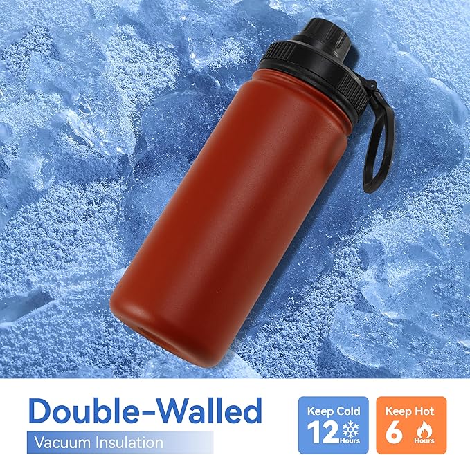 DOMICARE 16 oz Kids Water Bottle for School Stainless Steel Double Wall Vacuum Insulated Water Bottle with Straw lids & Spout Lid, Leakproof BPA Free (Red,8)