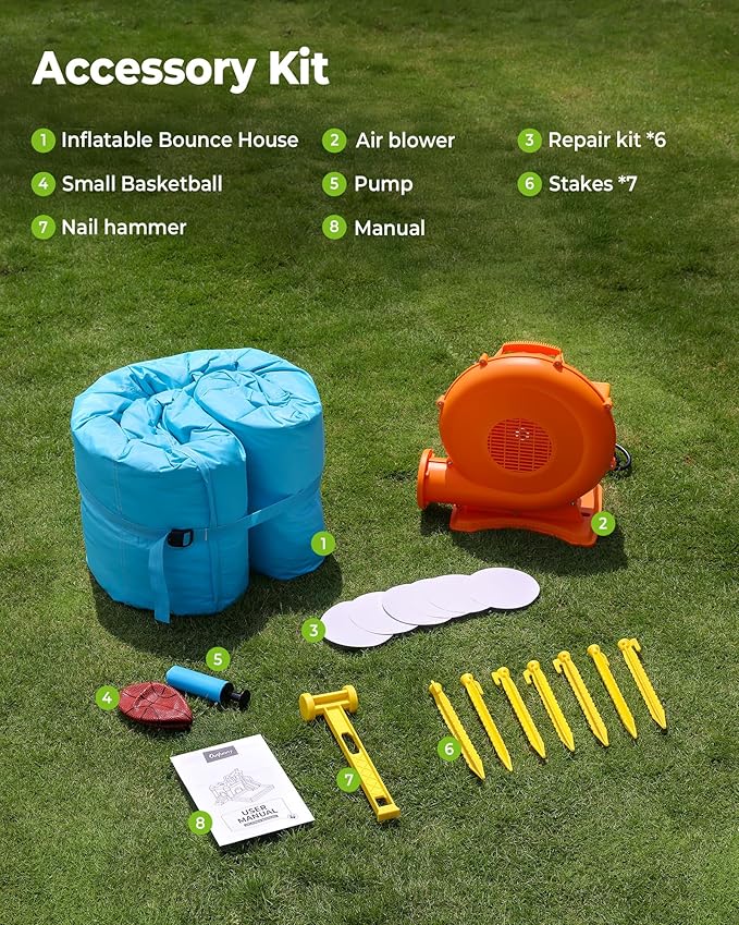 Inflatable Bounce House, Large Bouncy Castle for Kids with Slide, Outdoor & Indoor, 450W Blower - Blue