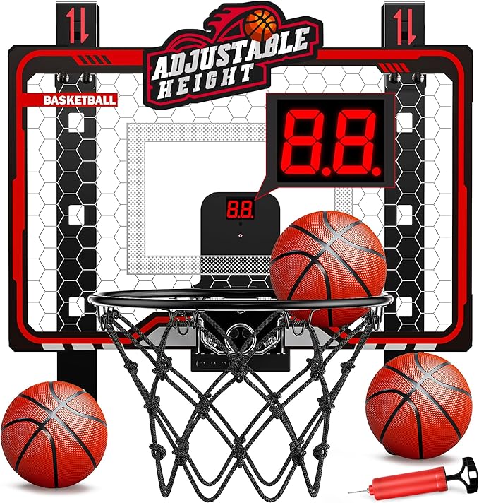 HopeRock Indoor Basketball Hoop Toys for Kids, Adjustable Height Basketball Hoop Over The Door, Mini Hoops with Scoreboard, Basketball Toys Christmas Birthday Gifts for Boys