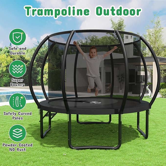 Polar Aurora 10FT 12FT 14FT 16FT Outdoor Trampoline with Safety Enclosure Net, Thickened Spring Pad，ASTM Approved Recreational Trampoline for Kids and Adults,Anti-Rust Coated Frame and Thickened Mat
