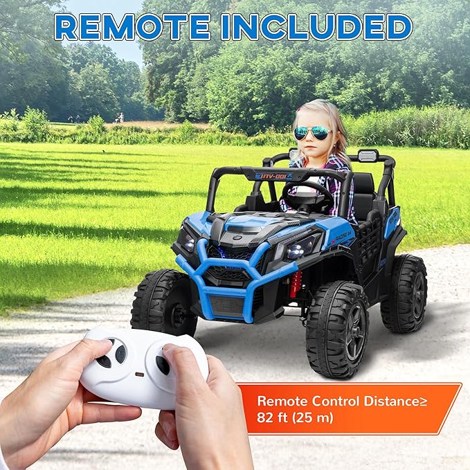 Qaba 24V 2 Seater Ride on Car, Electric Off-Road UTV Truck w/Parent Remote Control, Music, Lights, Ride on Toy for Kids Ages 3-8, Blue