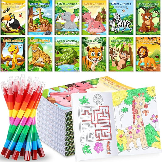 BenLouis 12 Jungle Safari Mini Coloring Books Kids with 12 Stacking Crayons Zoo Animals Lion Party Favors Small Activity Books Bulk for Kids Wild One Party Gift Goodie Bag Stuffers