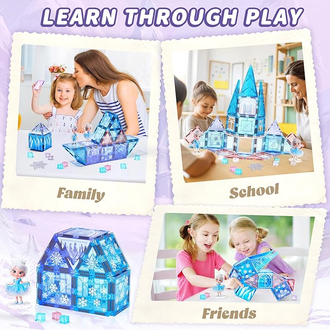 Magnetic Tiles Building Toys Set with 2 Dolls, Princess Castle Magnetic Blocks for Kids Ages 3-5 4-8, STEM Educational Sensory Magnet Toys Birthday Gifts for Toddlers Girls Boys