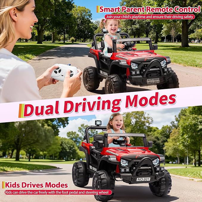 Kids Ride On Truck Car, 12V Ride On Toy Battery Powered Vehicles w/Parent Remote, Spring Suspension, Electric Car for Kids with Bluetooth Music, LED Light, Ideal Car Gift for Boys Girls, Red