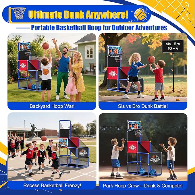 Adjustable Basketball Hoop for Kids Toddler Ages 3-8, Side-Mount & Top-Mount, Indoor Outdoor Carnival Games Competitions, Gift Boys & Girls Beg for, Rain or Shine, The Game Never Stops