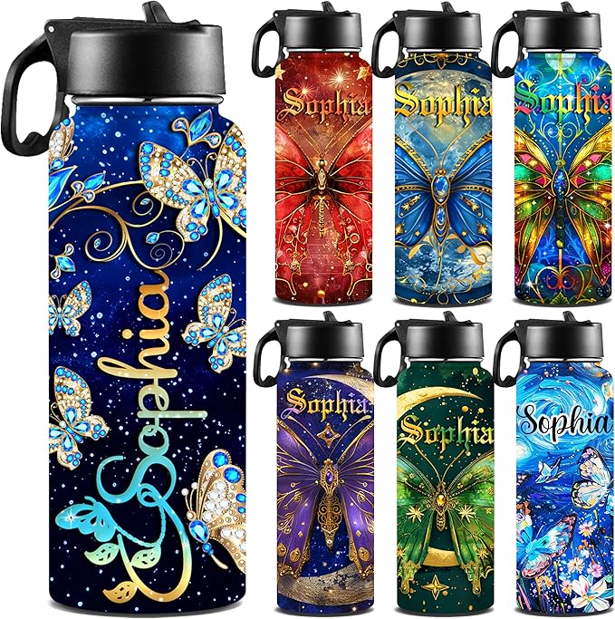 M YESCUSTOM Personalized Water Bottles for Kids with Straw Lid Custom Butterfly Water Bottle for School Customized Name Stainless Steel Double Wall Insulated Cup Birthday Gifts for Boy Girl Style12