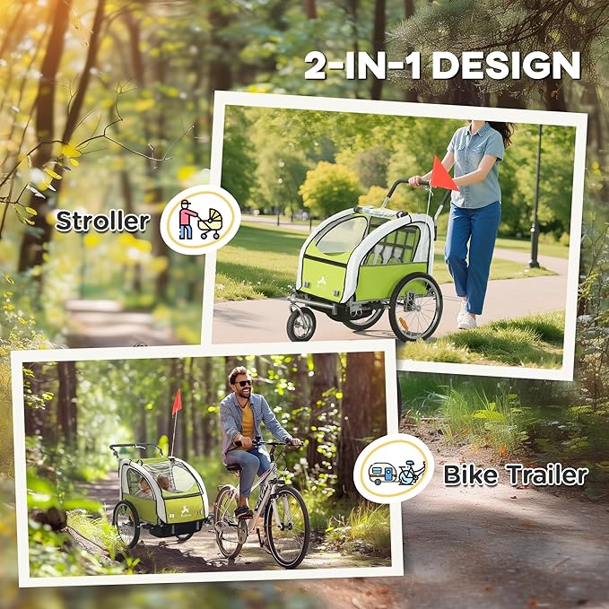 Aosom Elite 360 Swivel Bike Trailer for Kids Double Child Two-Wheel Bicycle Cargo Trailer with 2 Security Harnesses