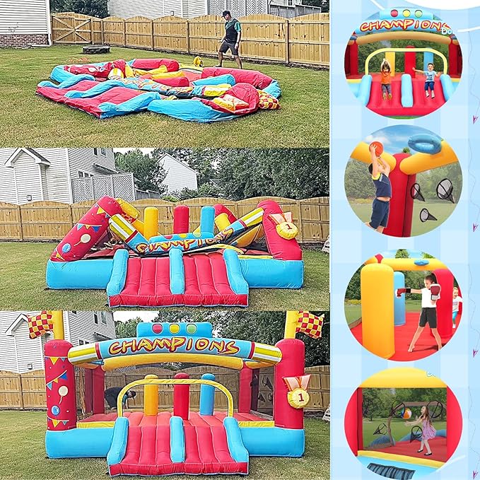 AKEYDIY Inflatable Obstacle Course Bounce House for Kids, 13.12FT x 11.16FT Racing Party Bouncy House for Kids 3-12 w/Large Jumping Area, Basketball Hoop & Racing Slide, Target Toss Game, 550W Blower