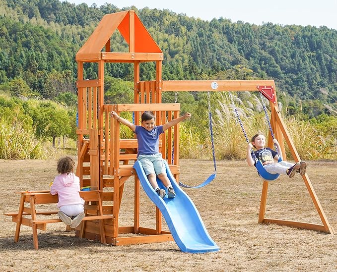 Dolphin Playground Wooden Swing Sets for Backyard with 2 in 1 Outdoor Table, Outdoor Playset for Kids 3-10 with Rock Climbing Wall, 6FT Wave Slide, Fort, and 2 Belt Swings, Playground Accessories