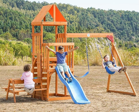 Dolphin Playground Wooden Swing Sets for Backyard with 2 in 1 Outdoor Table, Outdoor Playset for Kids 3-10 with Rock Climbing Wall, 6FT Wave Slide, Fort, and 2 Belt Swings, Playground Accessories