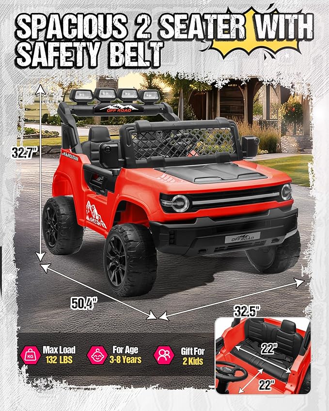 24V Ride on Toys for Big Kids, 2 Seater Electric Car w/22'' Large Seat, Remote Control, Shovel, 4X200W Engines, 4WD/2WD Switchable, Truck Bed Storage, Ride On Truck Toy for Boy Girl, Red