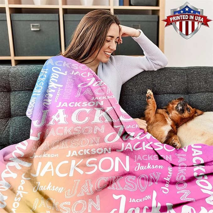 Ship Next Day, Personalized Baby Blanket with Name - Printed in USA, Custom Name Blanket for Boys Girls Kids, Customized Flannel Blankets Gifts for Teen Shower Toddlers Christmas Brithday