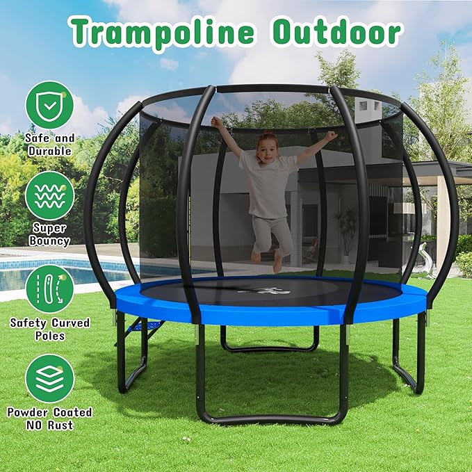 Polar Aurora 10FT 12FT 14FT 16FT Outdoor Trampoline with Safety Enclosure Net, Thickened Spring Pad，ASTM Approved Recreational Trampoline for Kids and Adults,Anti-Rust Coated Frame and Thickened Mat