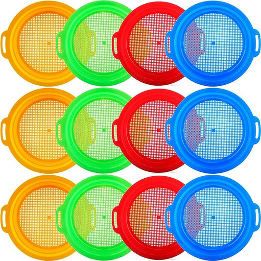 12 Pack Kids Sand Sifter Sieve Plastic Sand Strainer Beach Toys Sand Sifting Pan for Child Boys Girls Beach Finding Treasure Tools Party Supplies, 4 Colors
