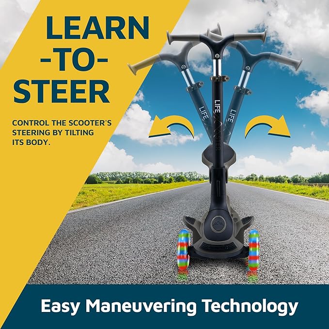 Kids Scooter – Foldable Seat – LED Wheel Lights Illuminate When Rolling – Children and Toddler 3 Wheel Kick Scooter – Adjustable Handlebar – Indoor and Outdoor- by Lifemaster