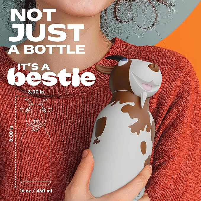 asobu Bestie Bottle Insulated Stainless Steel Water Bottle with Detachable Soft Animal Head Fun Drinking For Kids and Teens with Flexible Reusable Straw 16 Ounce (Goat)