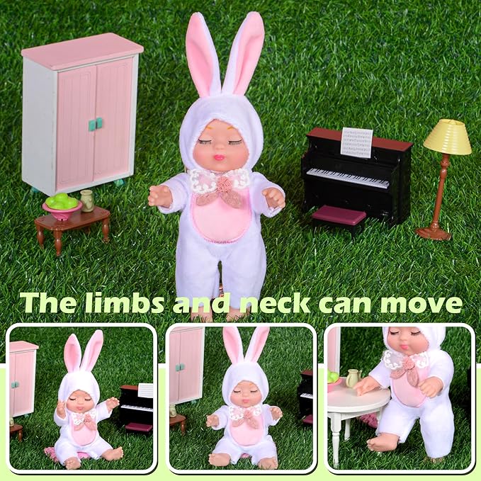 4 Pcs 7 Inch Baby Dolls with Adorable Animal-Themed Outfits - Cute PVC Infant Figurines Set in Yellow Chick, White Bunny, Pink Bunny & Purple Koala Costumes - Gift for Girls 3+