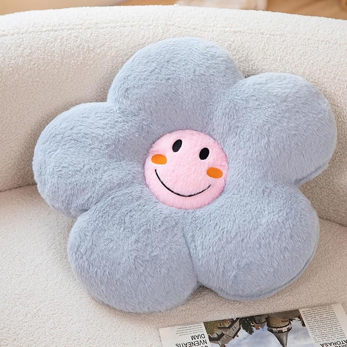 18” Blue Flower Pillow Flower Shaped Throw Pillow Colorful Smile Daisy Flower Pillows Seating Cushions for Adults Kids Throw Pillows Couch Decor
