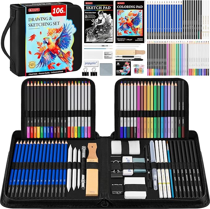 106 Pack Drawing Set Sketching Kit, Pro Art Supplies with 3-Color Sketchbook, Coloring Book, Graphite Colored Charcoal Watercolor & Metallic Pencils, Drawing Supplies Gift Case for Artists Adults Kids
