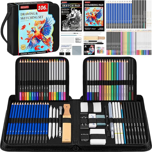 106 Pack Drawing Set Sketching Kit, Pro Art Supplies with 3-Color Sketchbook, Coloring Book, Graphite Colored Charcoal Watercolor & Metallic Pencils, Drawing Supplies Gift Case for Artists Adults Kids