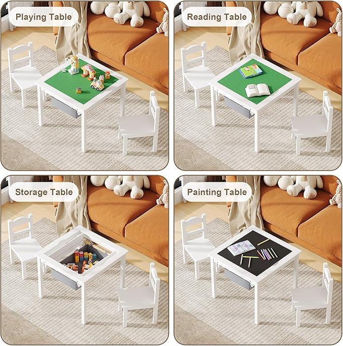 Treocho Wooden Kids Table and Chair Set with Reversible Tabletop, 2 in 1 Toddler Desk with Storage Drawers, Kids Activity Table with Blocks Building Baseplate for Playing, Reading, Drawing, White