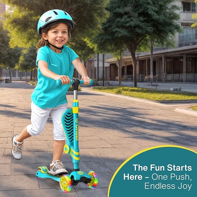 Aqua & Yellow 3 Wheel Scooter with Seat for Kids – Light-Up LED Wheels, Adjustable Handlebar and Seat, Smooth PU Wheels, Wide Anti-Slip Deck, Rear Foot Brake – Toddler Outdoor Toys for Ages 2+