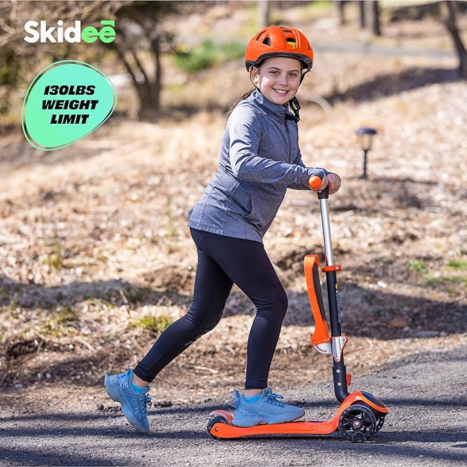 SKIDEE Kick Scooters for Kids Ages 3-5, Adjustable Height Foldable Scooter with Removable Seat, 3 LED Light Wheels, Rear Brake, Wide Standing Board, Suitable Up to 12 Year Old Boys/Girls