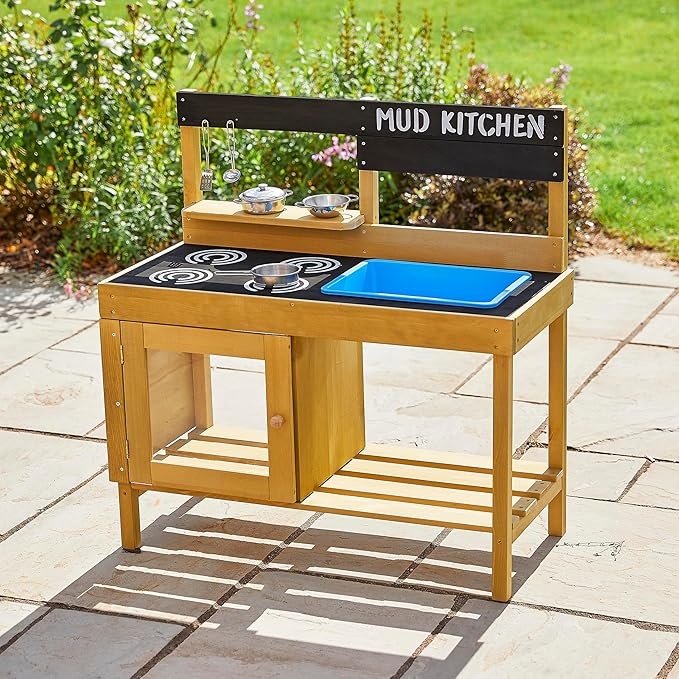 TP Toys, Kids Mud Kitchen | Backyard Kitchen Playset with Pretend Play Kitchen Accessories & Water Pan for Preschool Outdoor Play | for Ages 3-8 | Sustainable Sourcing from FSC Certified Timber.