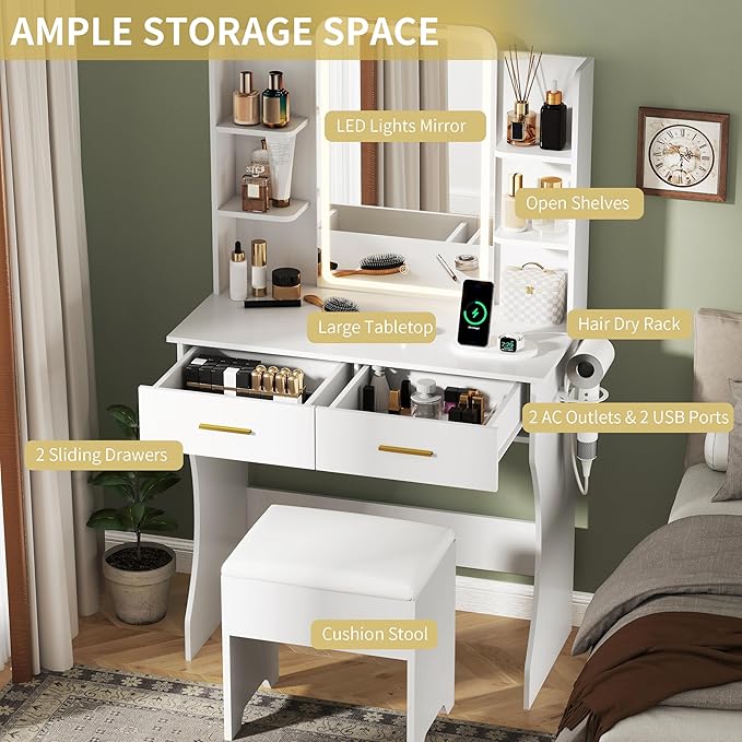 Small Vanity Desk with Mirror and Lights, Makeup Vanity Table Set with 3 Lighting Modes & Adjustable Brightness, Power Outlet, Storage Drawers, Cushioned Stool, Dressing Table for Women Girls