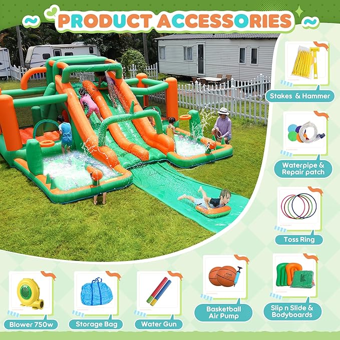 Waterslide Bounce House, Blow up Water Slide Bouncer with Slip and Slide, Water Bounce House for Big Kids, Inflatable Water Park for Backyard Summer Party