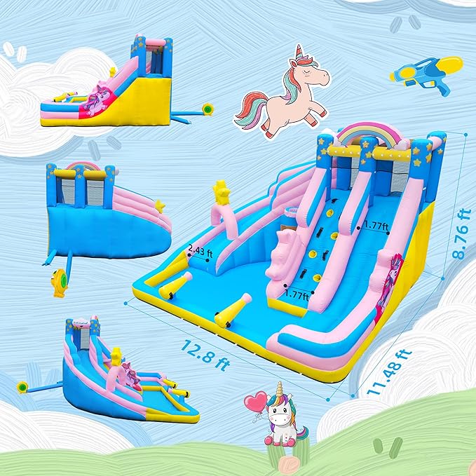TOAOB Inflatable Water Slide: 6 in 1 Bounce House Water Park for Kids - Climbing Wall Splash Pool 2 Water Cannon 2 Slide Basketball Rim - 550W Blower - for Outdoor Backyard Birthday Party